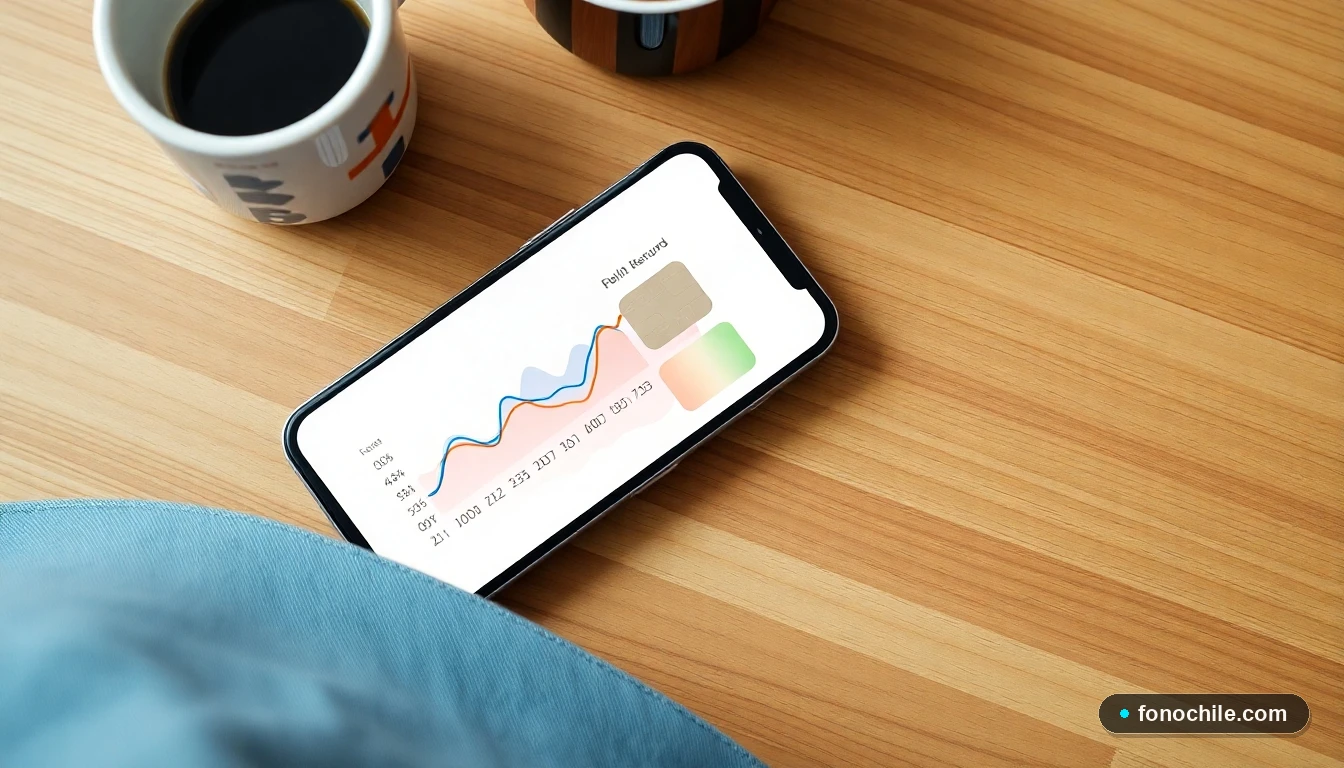 Tarjeta de crédito moderna sobre una mesa junto a un teléfono que muestra gráficos de ahorro financiero.