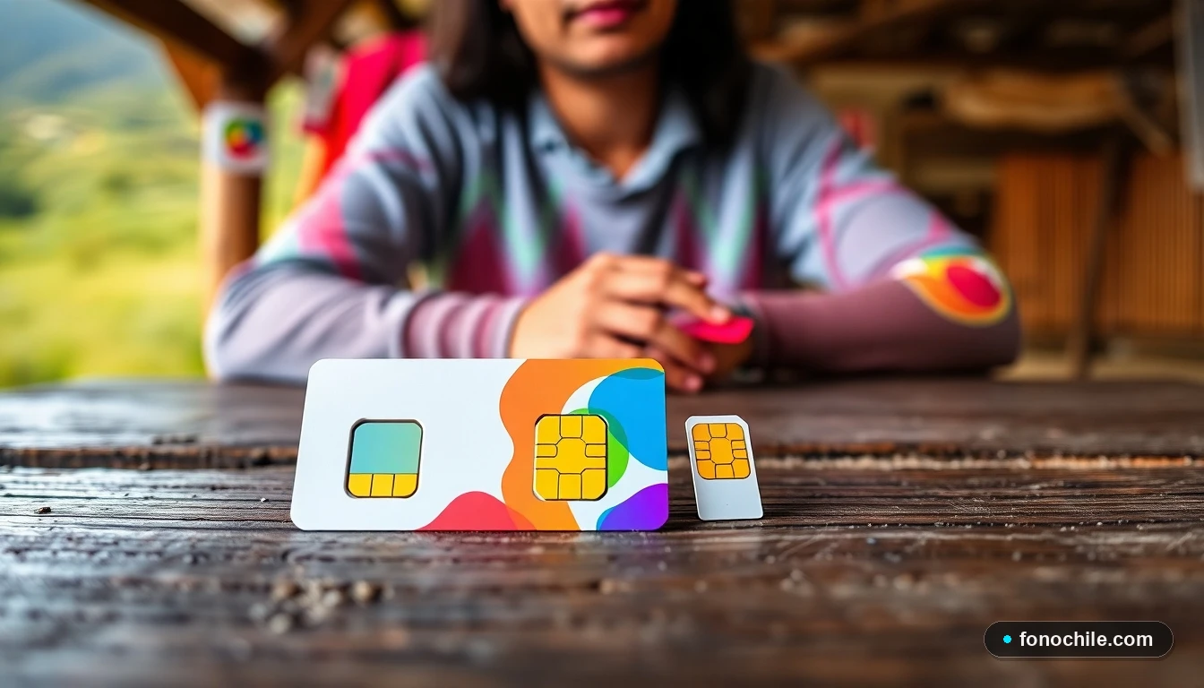 Comparación visual de una tarjeta SIM turística y una SIM normal sobre una mesa, con gráficos de cobertura y datos de fondo.