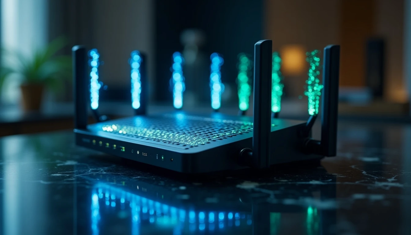 Router 5G moderno emitiendo ondas de señal luminiscentes sobre una mesa de oficina en Santiago, Chile.