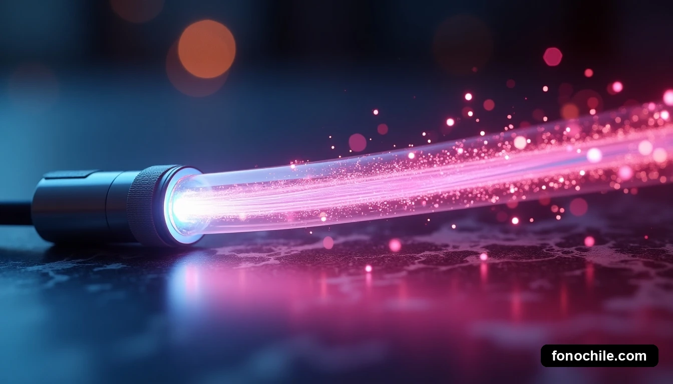 Detalle de fibra óptica y transmisión de datos de alta velocidad para la red 5G.