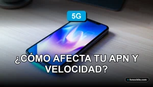 Un primer plano de un teléfono inteligente moderno sobre una mesa de madera, mostrando gráficos de datos abstractos y coloridos en su pantalla, simbolizando la alta velocidad de la red 5G.