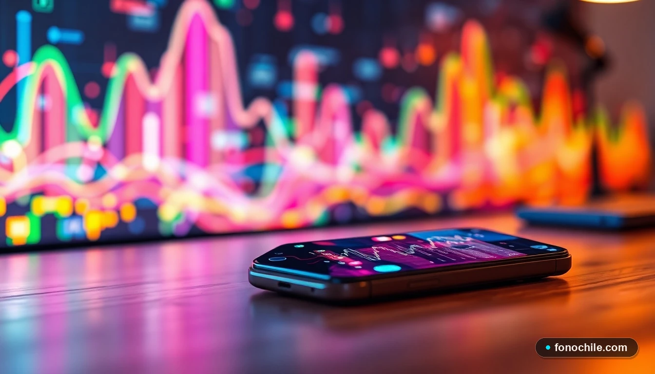 Smartphone mostrando visualización abstracta de red 5G con gráficos de datos coloridos y difusos, sobre fondo de escritorio.