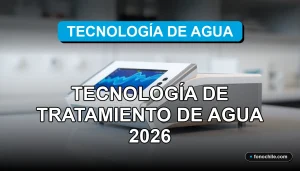 Unidad modular de tratamiento de agua 2026 sobre superficie de laboratorio, mostrando datos abstractos en pantalla.