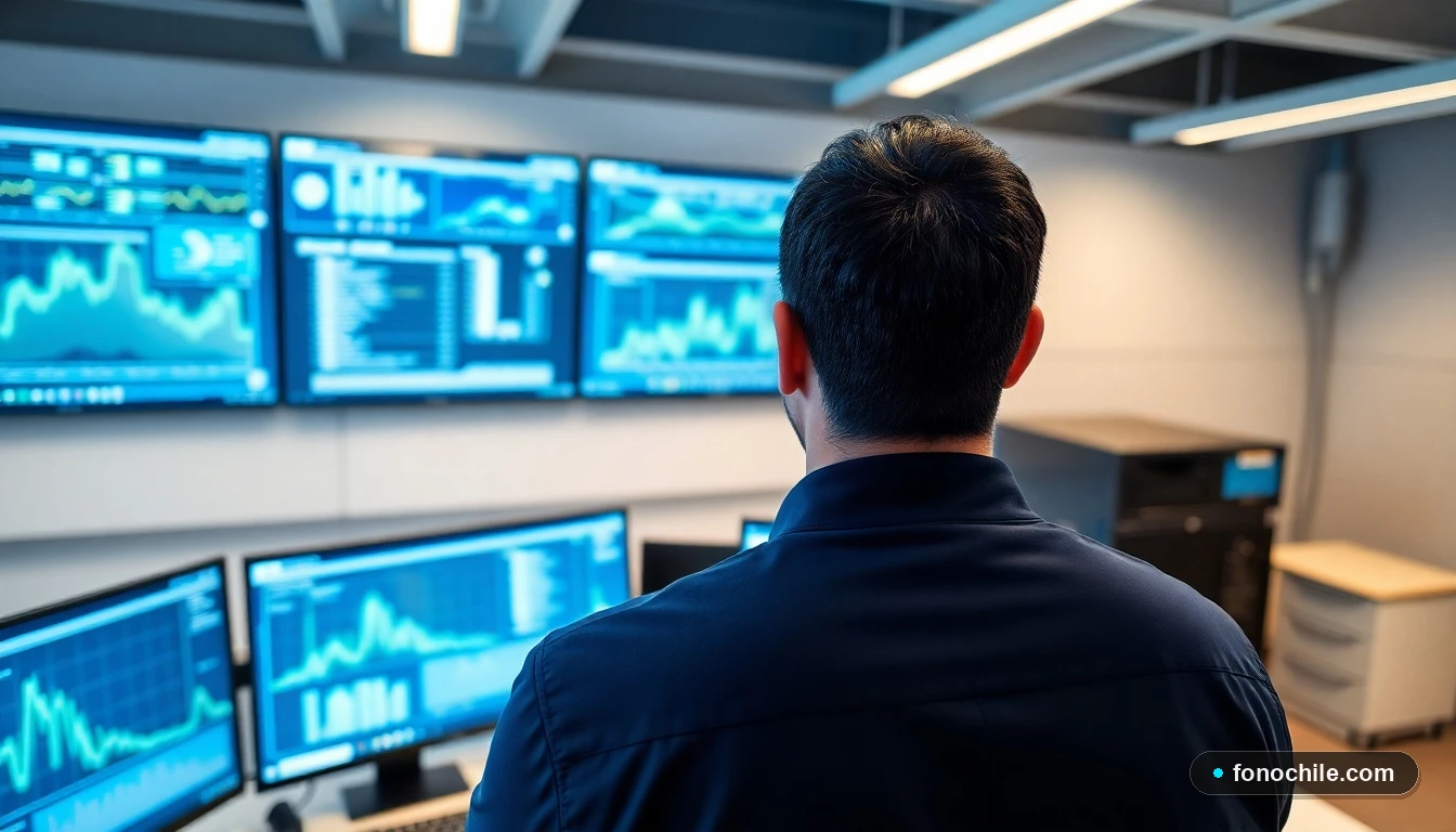 Sala de control moderna en una planta de tratamiento de agua en Chile, mostrando monitores con gráficos de datos coloridos.