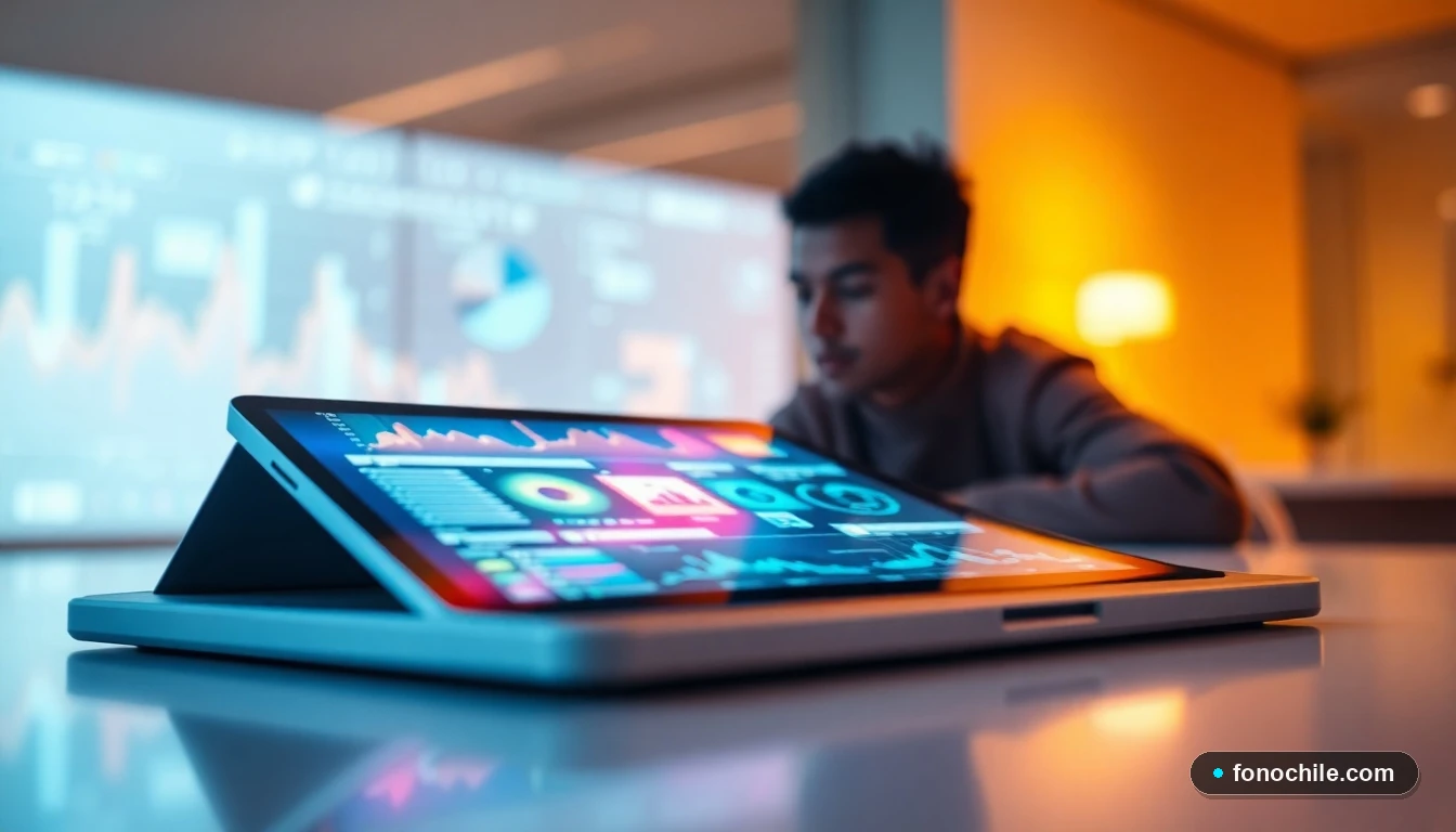 Concepto visual de tecnología futura en 2026 mostrando análisis de datos en una tablet sobre un escritorio moderno.