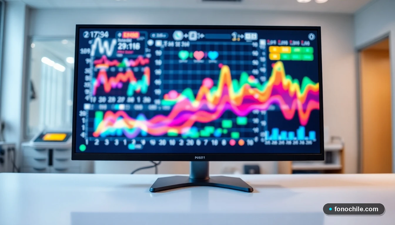 Monitor médico moderno mostrando gráficos abstractos de datos de diagnóstico en una sala de hospital.