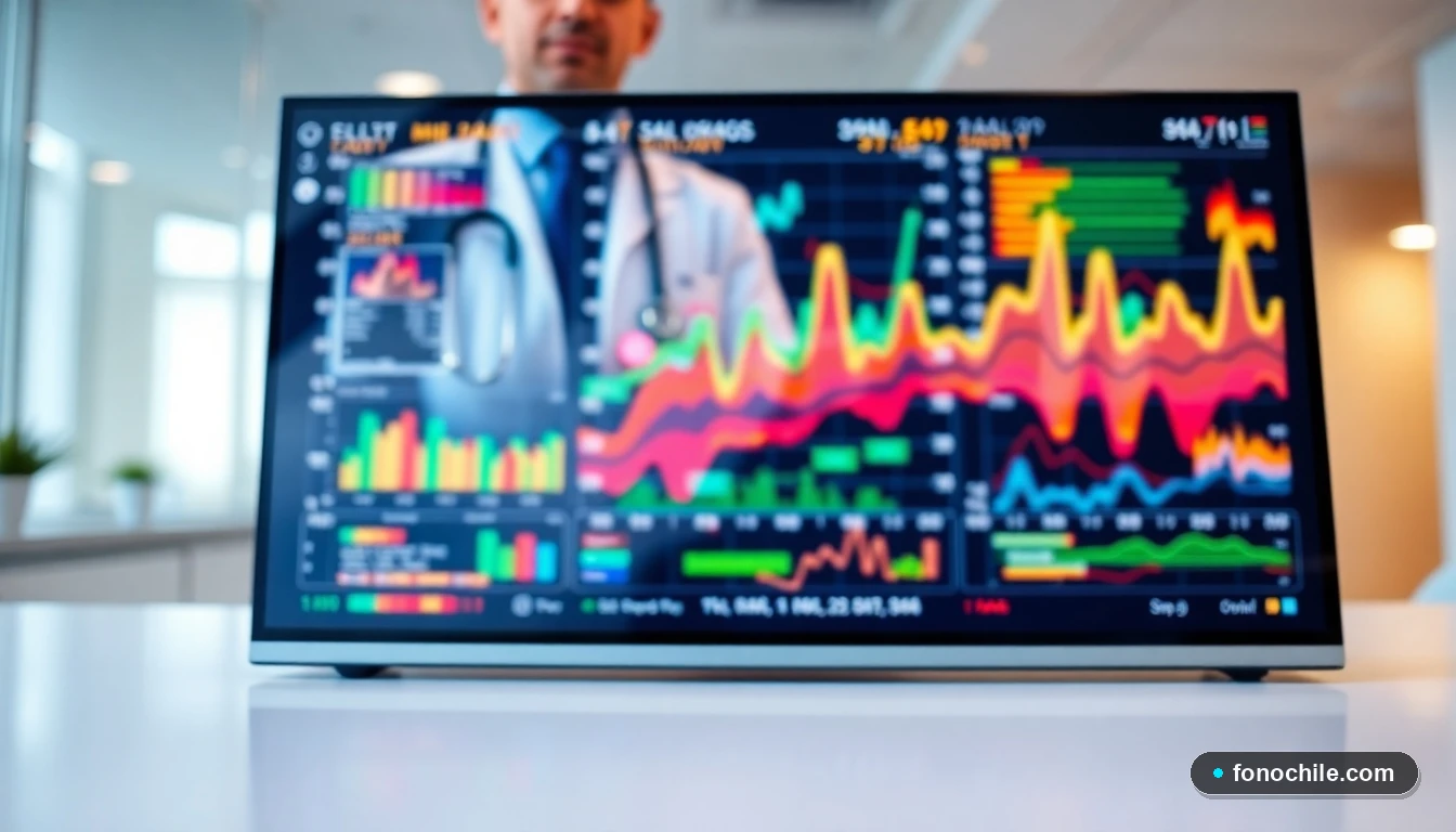 Visualización abstracta de datos médicos en una pantalla de diagnóstico de última generación en una clínica moderna.