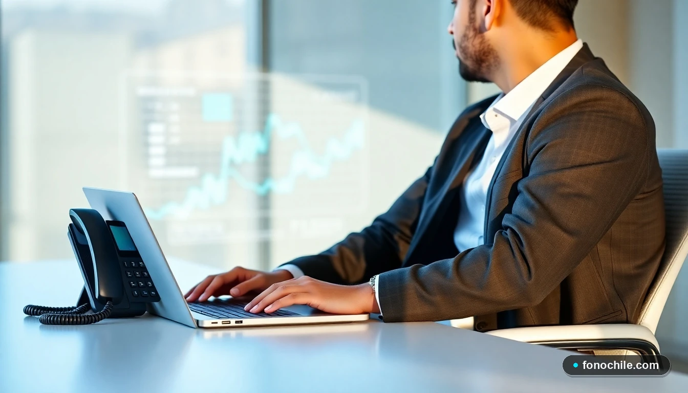 Solución integral de telefonía empresarial VoIP en una oficina moderna en Chile, mostrando dispositivos de comunicación profesional.