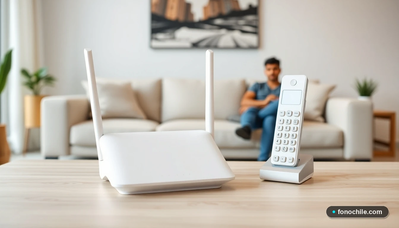 Dispositivos modernos de telefonía fija y conectividad para el hogar del futuro en una mesa de madera clara.