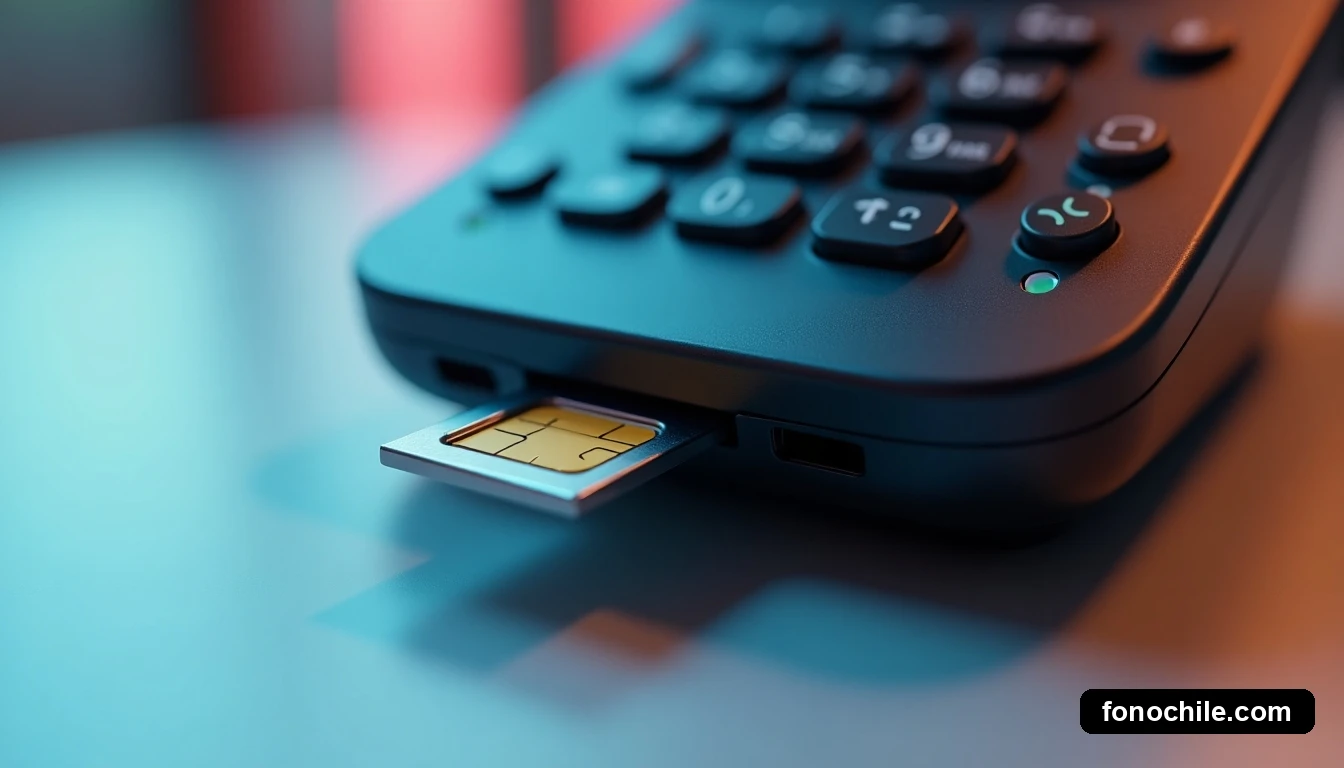 Detalle macro de la base de un teléfono fijo moderno Claro, mostrando su diseño y ranura para tarjeta, sobre fondo minimalista.