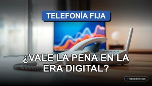 Un teléfono fijo moderno y un router de fibra óptica sobre un escritorio de madera con gráficos abstractos en una pantalla borrosa de fondo.