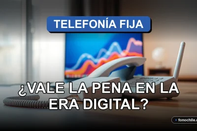 Un teléfono fijo moderno y un router de fibra óptica sobre un escritorio de madera con gráficos abstractos en una pantalla borrosa de fondo.