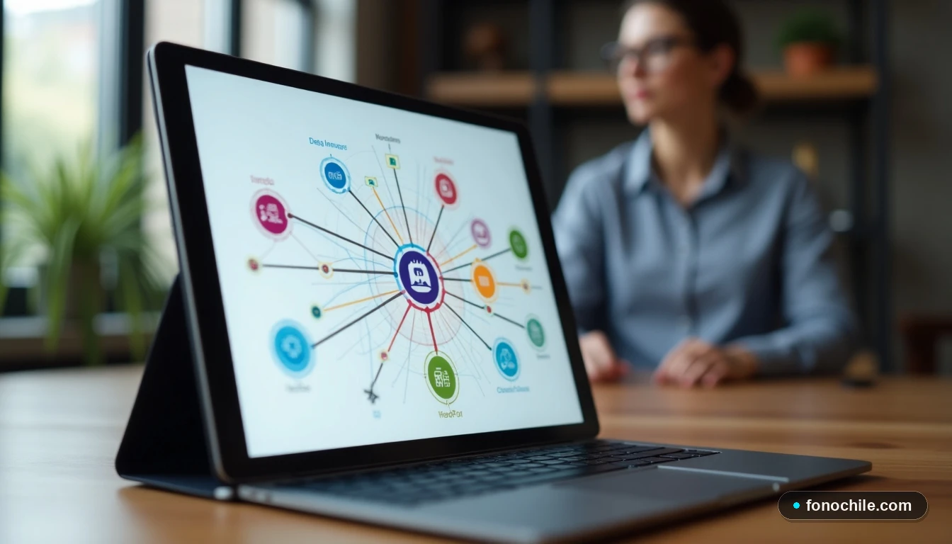Gráfico abstracto de red de Telefonía IP mostrando conexiones de voz sobre datos en una tableta.