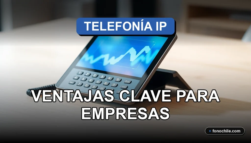 Un moderno teléfono IP de escritorio sobre una mesa de trabajo minimalista, mostrando gráficos abstractos en su pantalla, representando la comunicación empresarial en Chile.