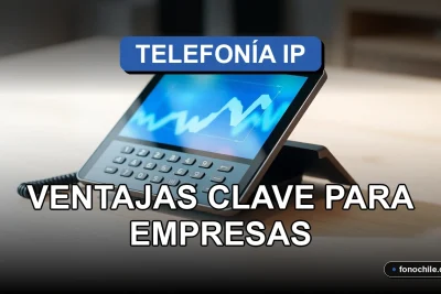 Un moderno teléfono IP de escritorio sobre una mesa de trabajo minimalista, mostrando gráficos abstractos en su pantalla, representando la comunicación empresarial en Chile.