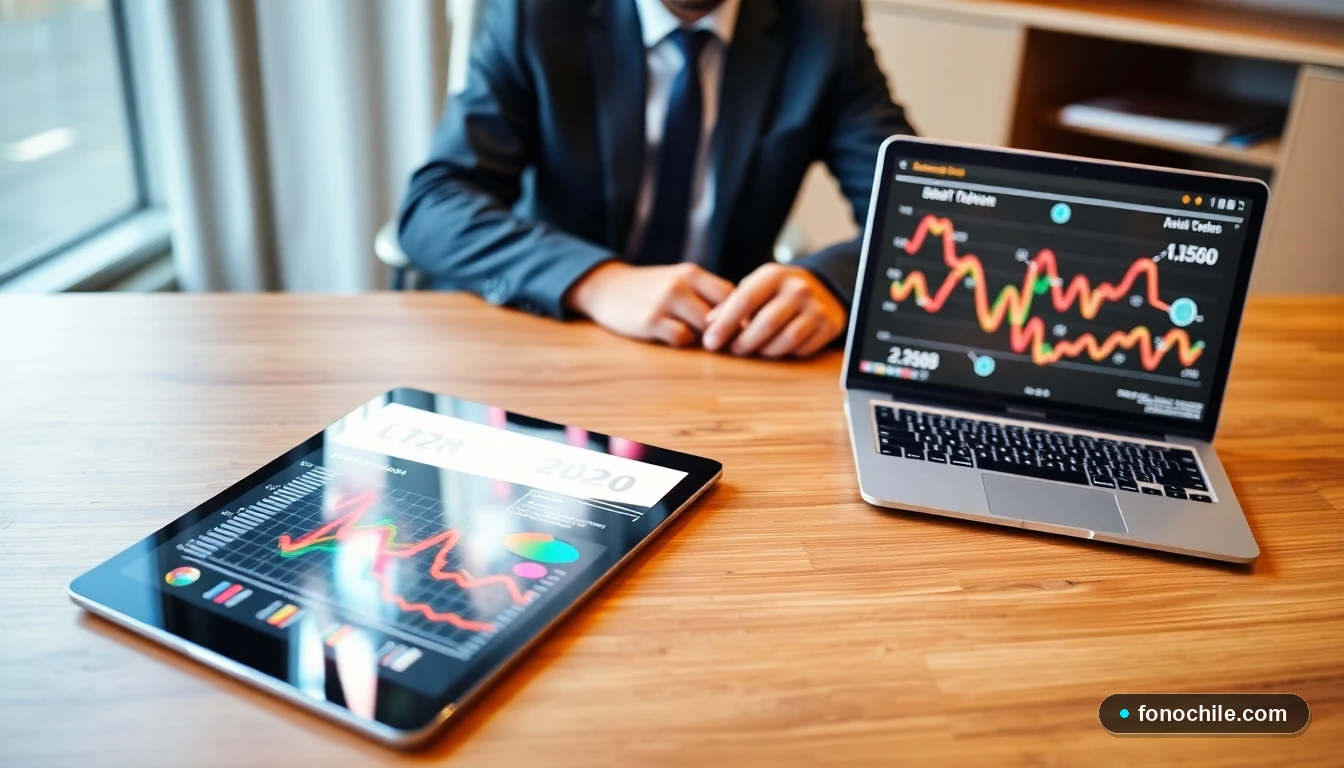 Tablet y laptop mostrando gráficos abstractos de redes y conectividad de telefonía IP en una oficina en Chile.