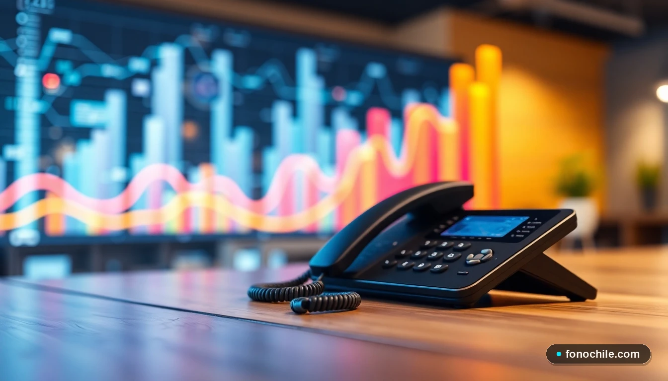 Gráfico abstracto de crecimiento de datos junto a un teléfono IP moderno sobre un escritorio de oficina, representando conectividad empresarial.
