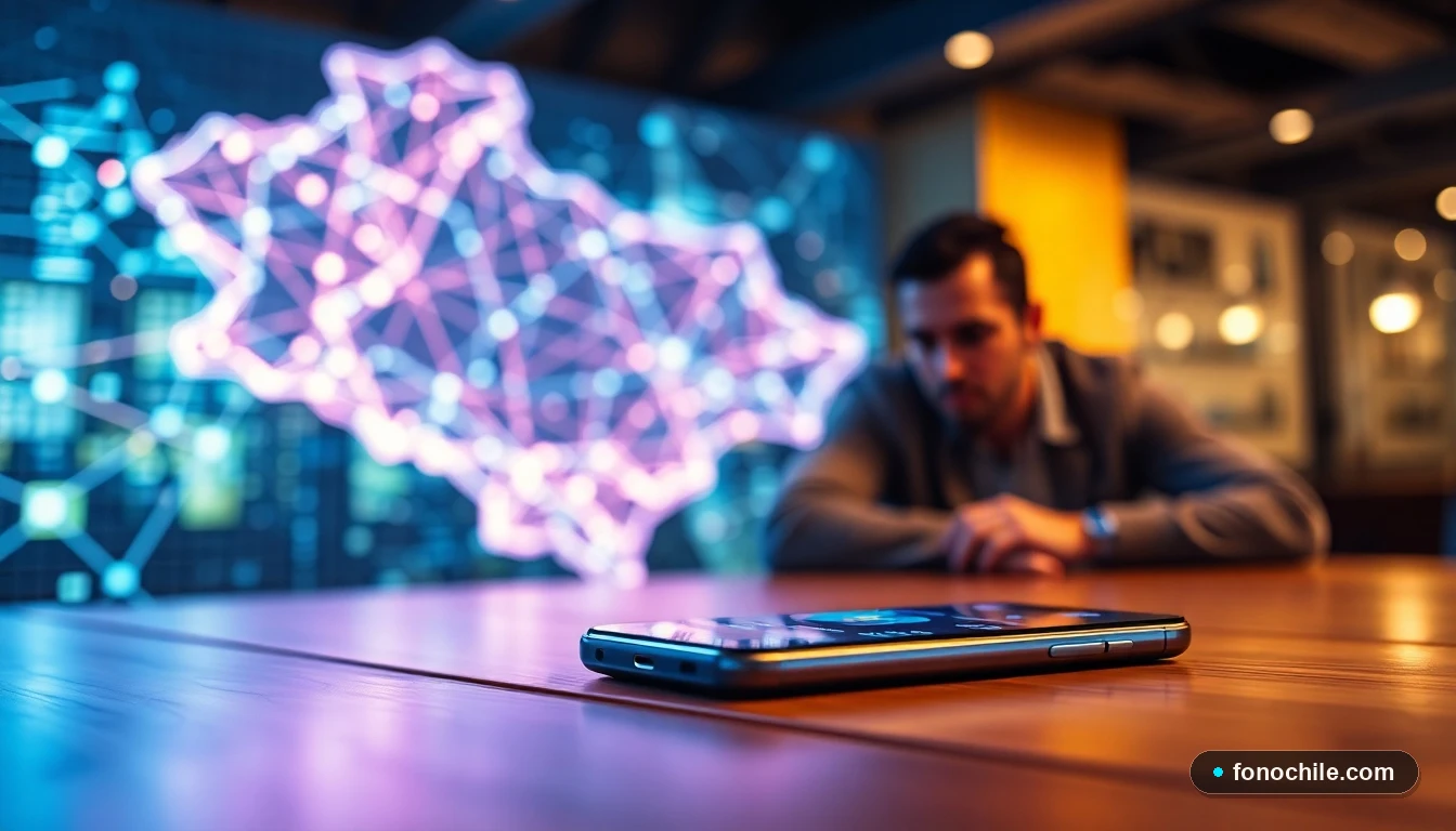 Visualización abstracta de la red 5G y conectividad de datos móviles de alta velocidad en Chile para el año 2026.