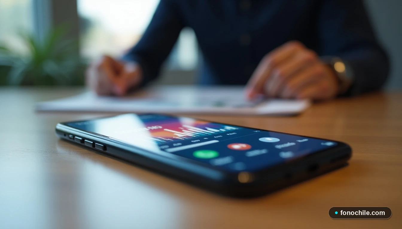 Smartphone mostrando gráficos abstractos de actividad de red y llamadas en un entorno de oficina moderno.