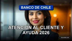 Atención al cliente del Banco de Chile, representada por una asesora profesional en un entorno corporativo moderno.