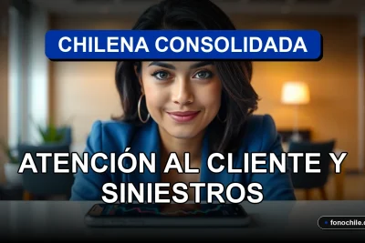 Teléfono de servicio al cliente de Chilena Consolidada sobre una mesa, con gráficos abstractos en la pantalla.