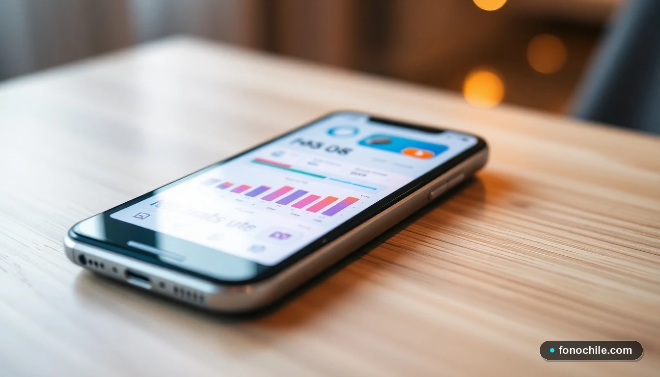 Smartphone moderno mostrando una interfaz genérica con gráficos abstractos, sobre una mesa de madera, representando el contacto digital con Consalud Chile.