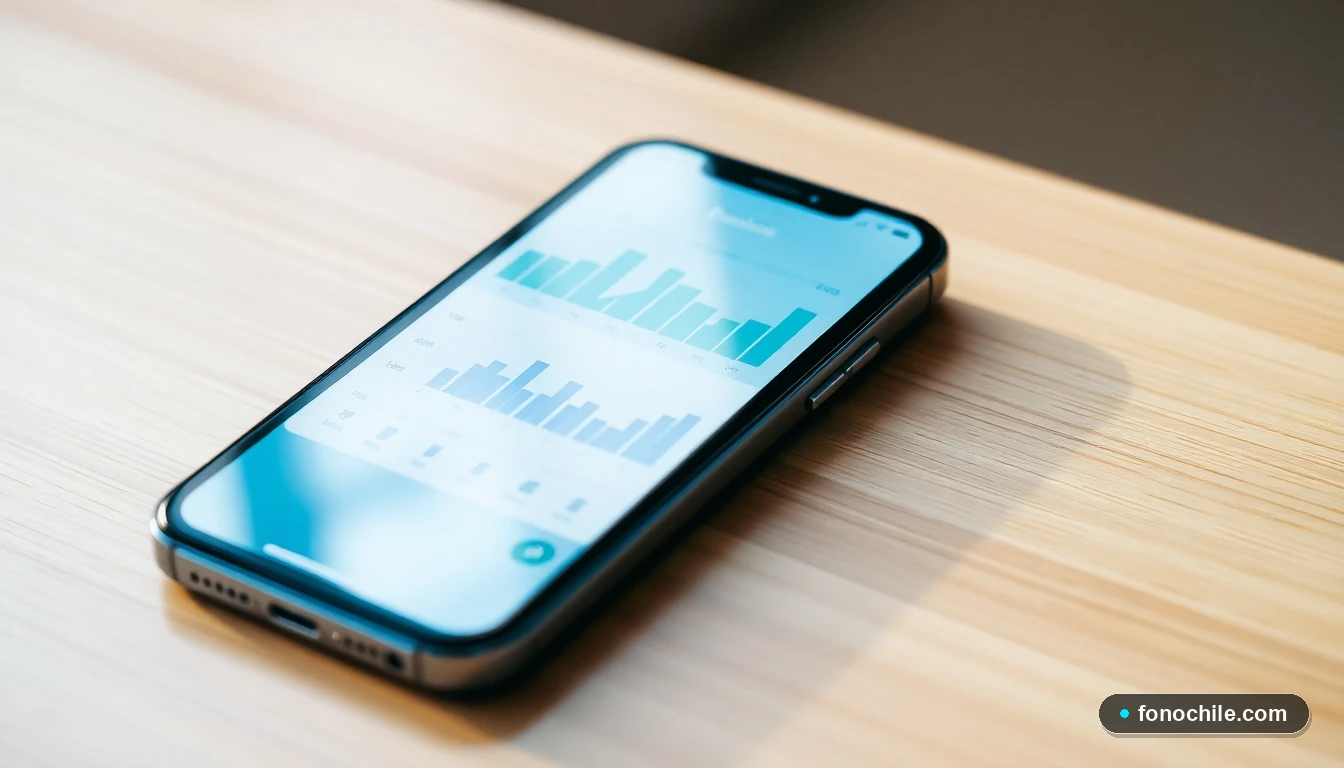 Smartphone mostrando gráficos abstractos, simbolizando el soporte técnico y la gestión de Transbank.