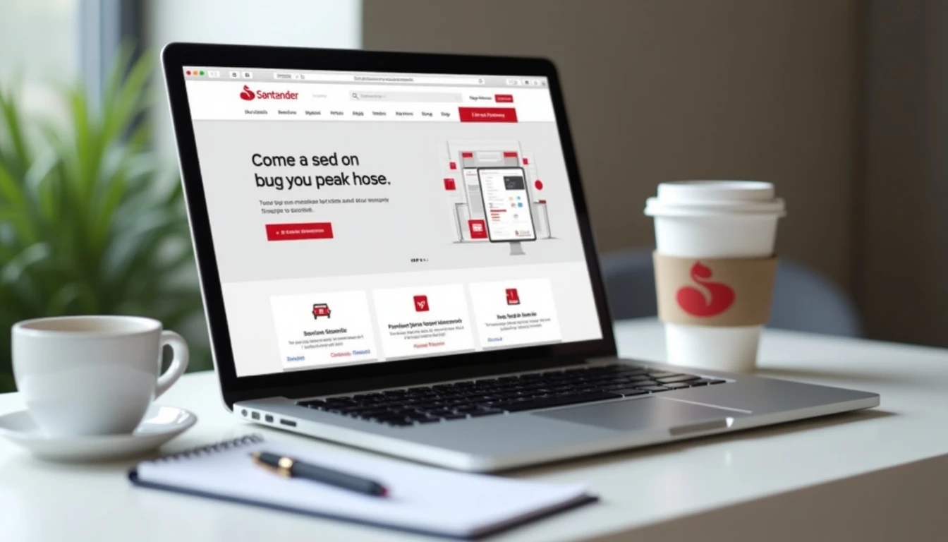 Escritorio moderno con laptop mostrando la web de Banco Santander Chile, ideal para gestiones bancarias.