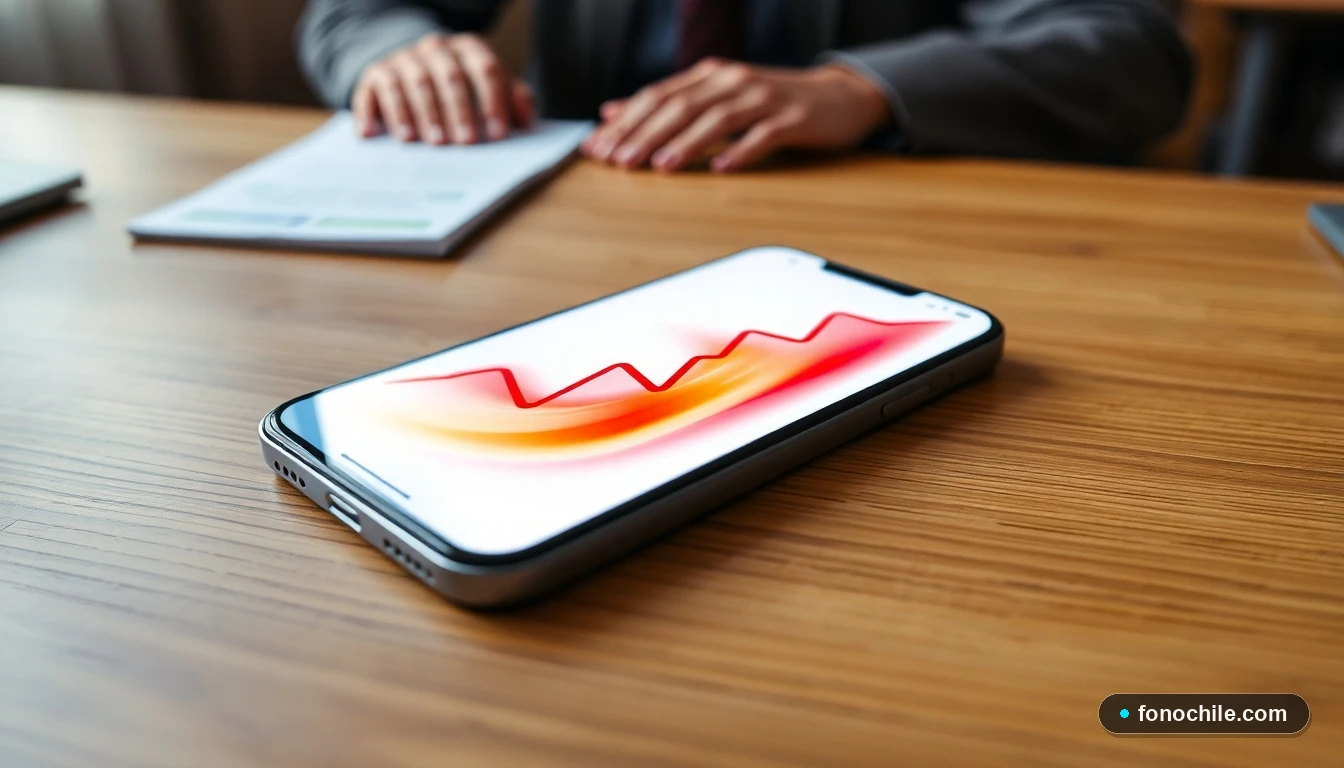 Smartphone mostrando una interfaz de llamada de emergencia con colores vibrantes junto a la bandera de Chile.