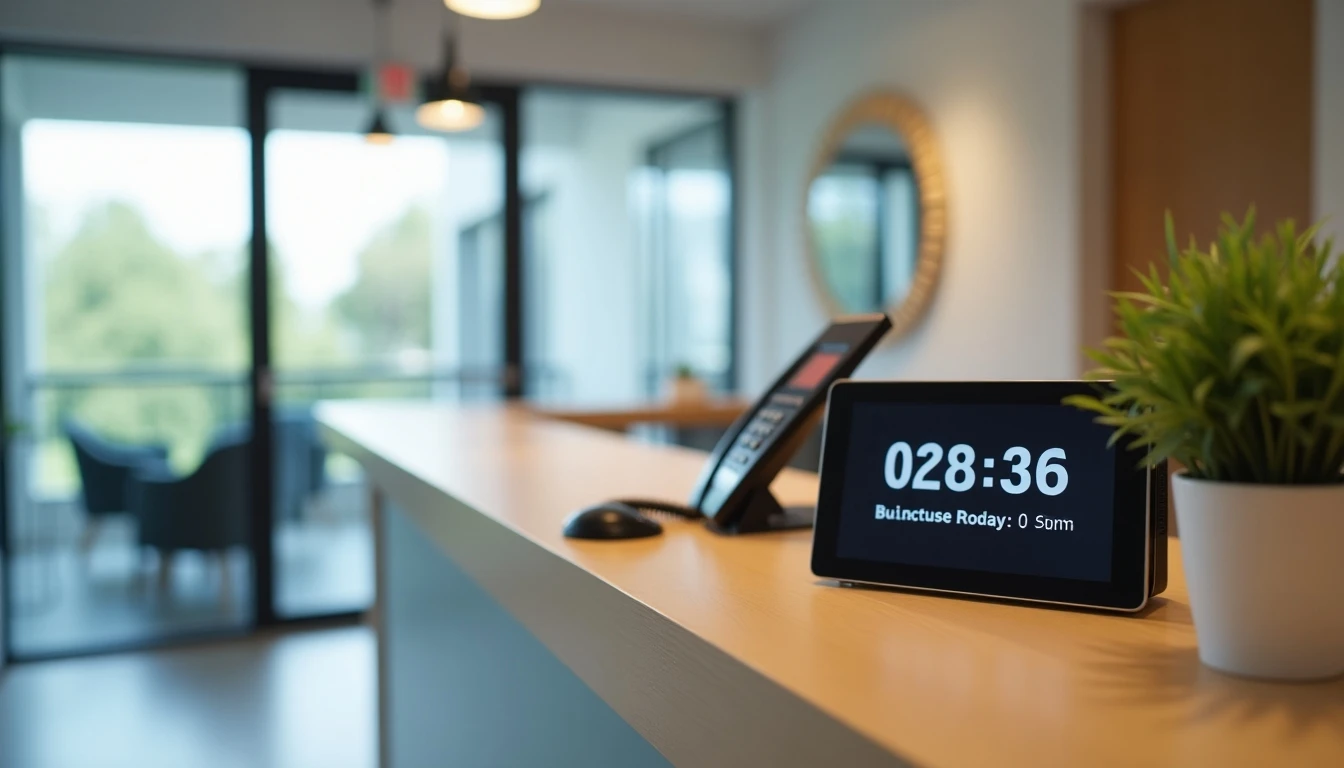 Recepción moderna de Clínica Vespucio con teléfono de contacto visible