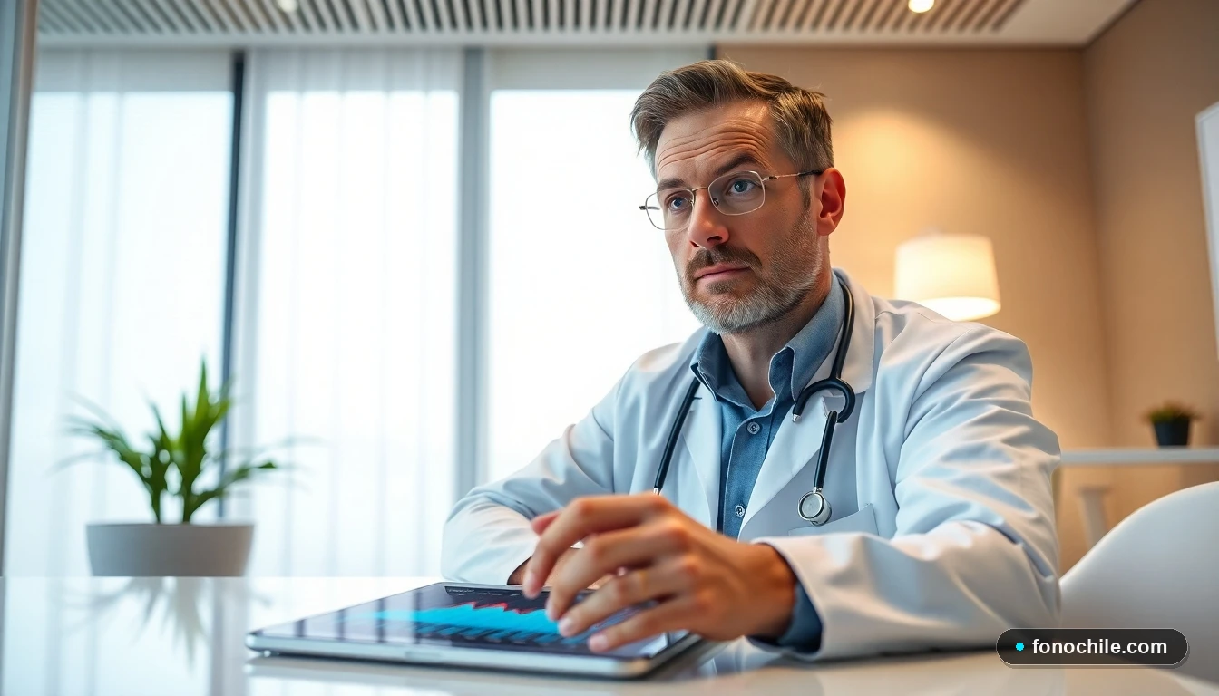 Doctor revisando información en tablet dentro de una consulta moderna en Clínica Vespucio