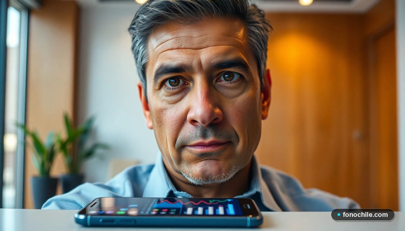 Asesor del Banco Edwards escuchando atentamente en una reunión, con un teléfono inteligente en la mesa mostrando gráficos abstractos.