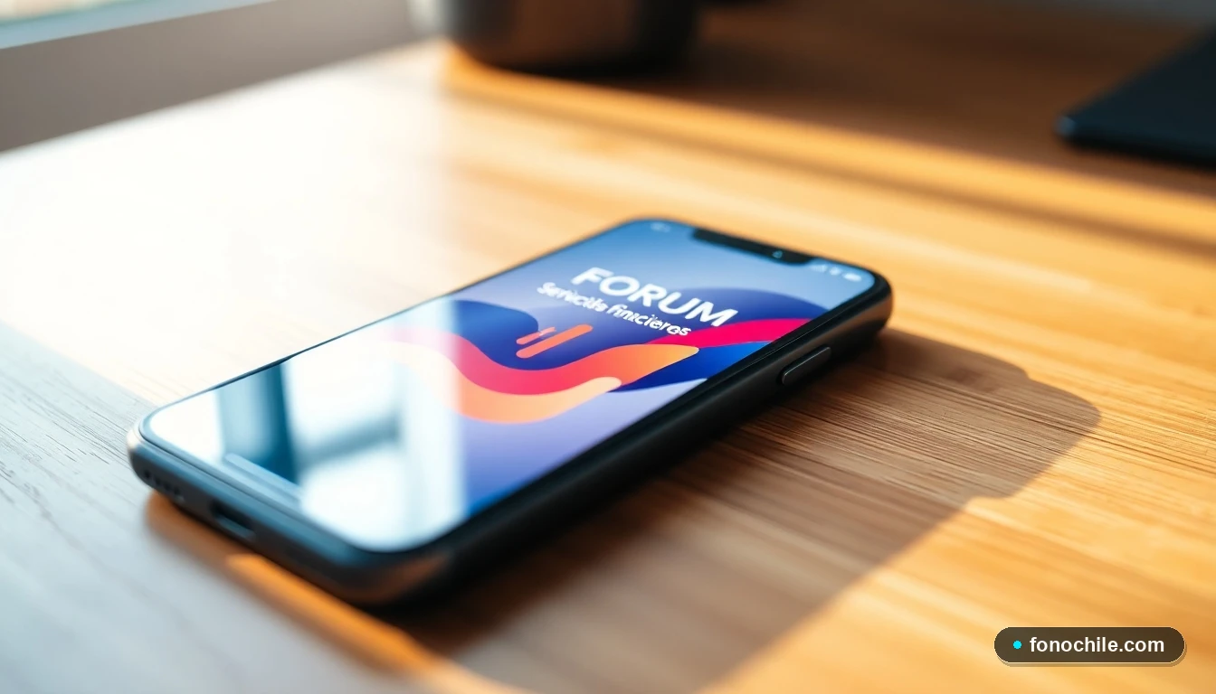 Teléfono inteligente moderno en un escritorio, mostrando una interfaz genérica, junto al servicio de atención de FORUM Servicios Financieros.