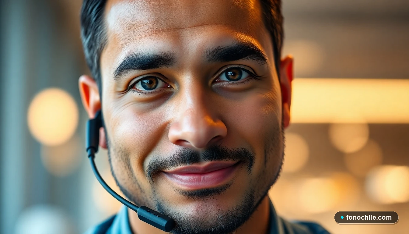 Primer plano de un agente de servicio al cliente de JetSMART escuchando atentamente, con un auricular de oído discreto.