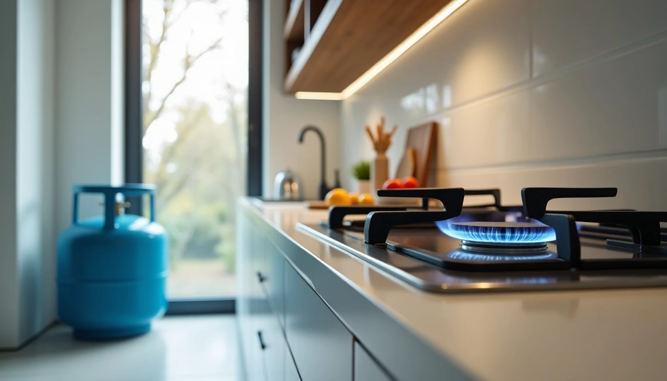 Cocina moderna con estufa a gas y cilindro Lipigas azul, representando el uso seguro del gas licuado en el hogar.