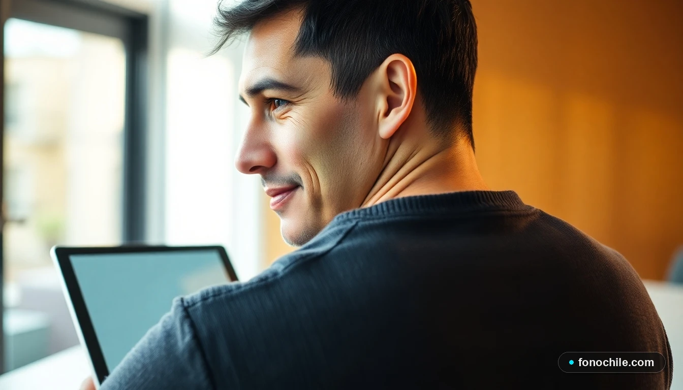 Un hombre latino, representante del servicio de Lipigas, en un entorno de oficina moderno con un dispositivo tablet en segundo plano.