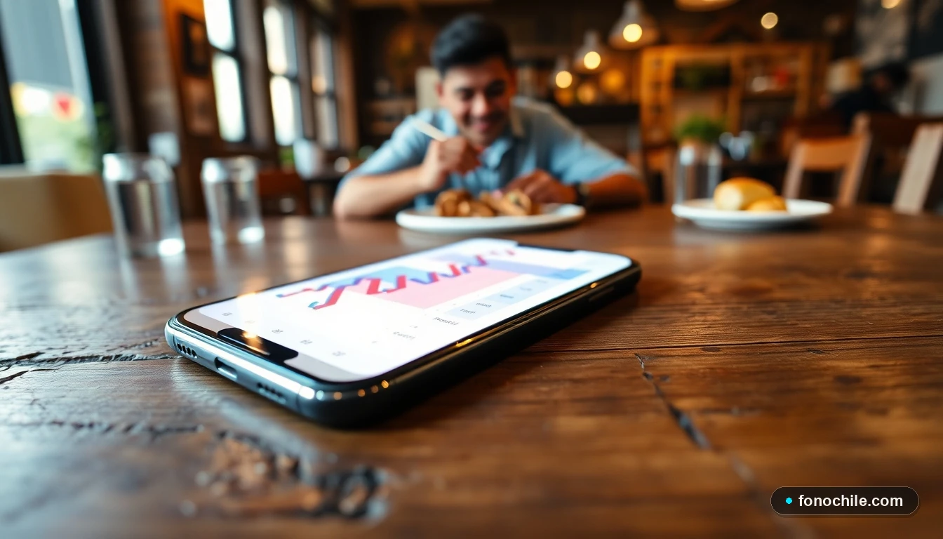 Smartphone mostrando información de contacto en la mesa de un restaurante acogedor en Chile.