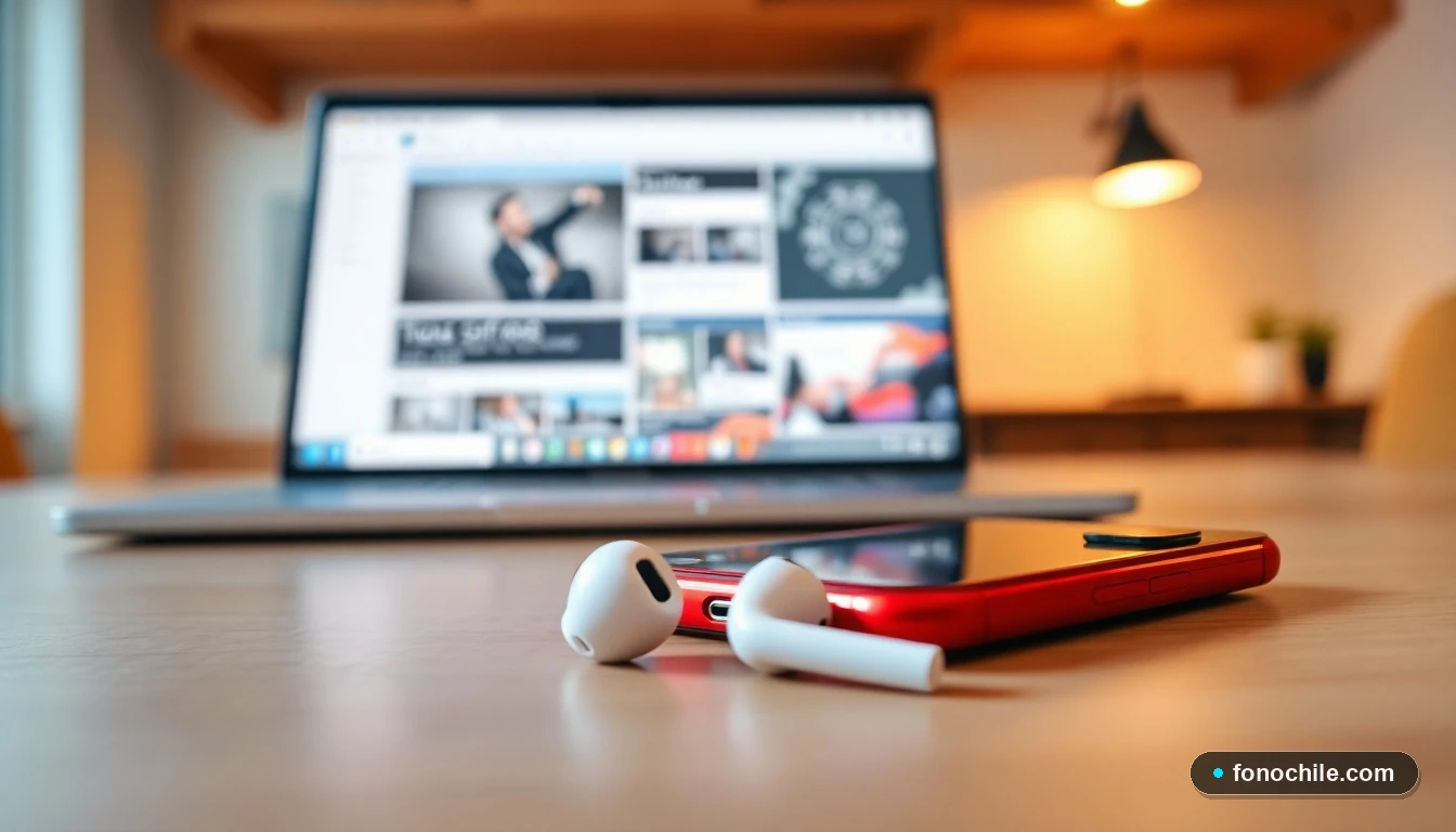 Smartphone rojo Ripley y auriculares en una mesa, con una laptop moderna desenfocada al fondo, en un entorno de oficina hogareña tranquilo.