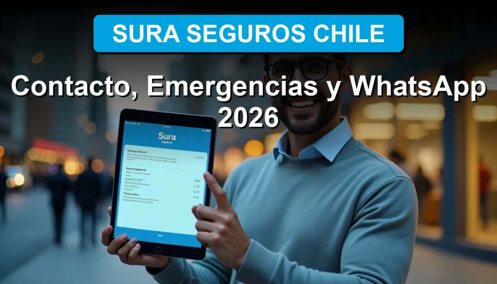 Hombre sonriente con tablet digital mirando cobertura de seguro de auto de Sura en Santiago, Chile