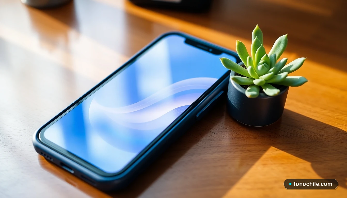 Smartphone moderno en un entorno de oficina, representando el contacto digital y la atención en línea de Sura Seguros.