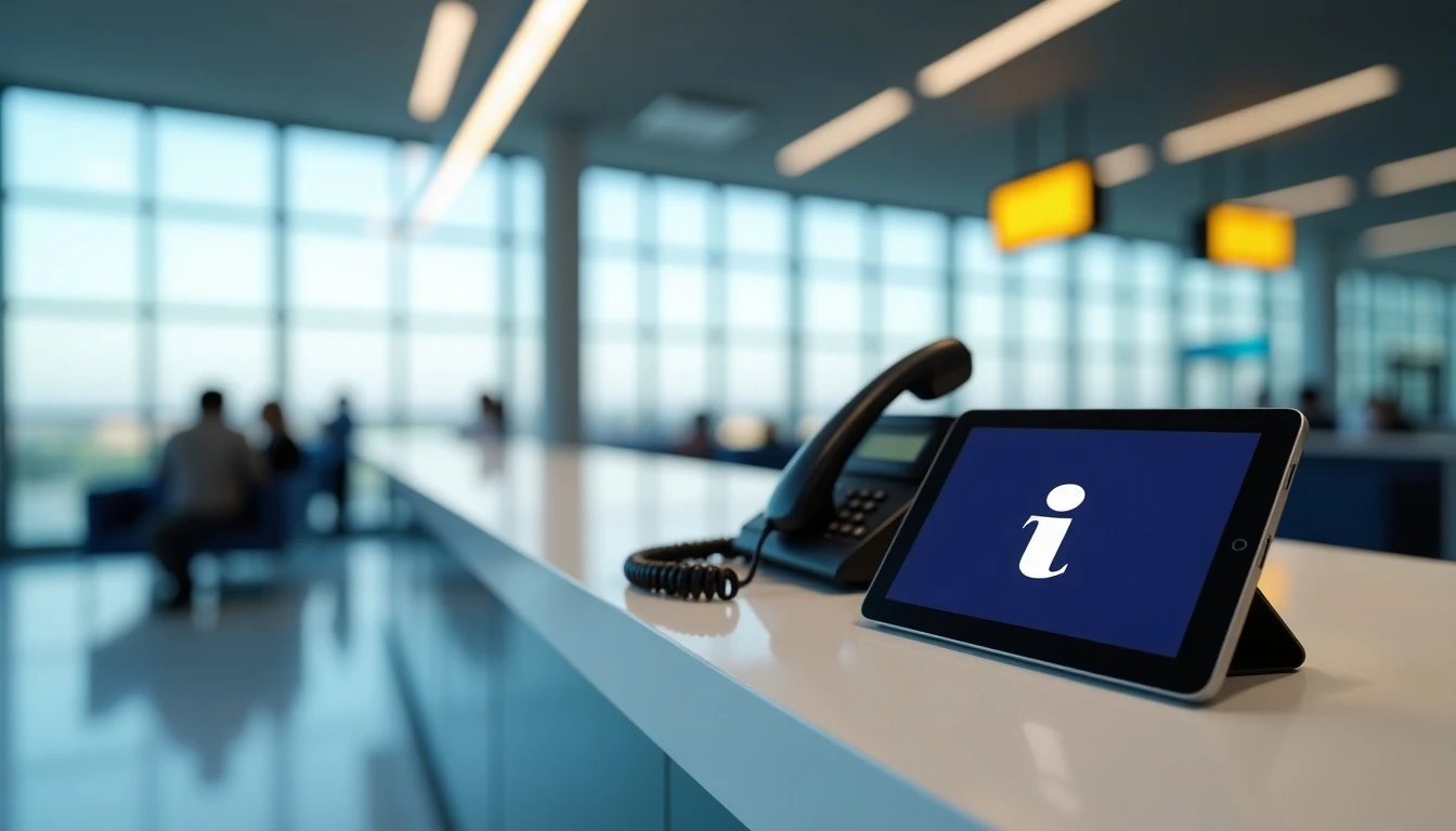 Punto de información y teléfono de contacto en el Aeropuerto Internacional Arturo Merino Benítez de Santiago.