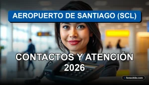 Teléfono de información del Aeropuerto Internacional Arturo Merino Benítez de Santiago (SCL) mostrado sobre una mesa de atención al cliente.
