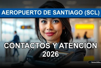 Teléfono de información del Aeropuerto Internacional Arturo Merino Benítez de Santiago (SCL) mostrado sobre una mesa de atención al cliente.