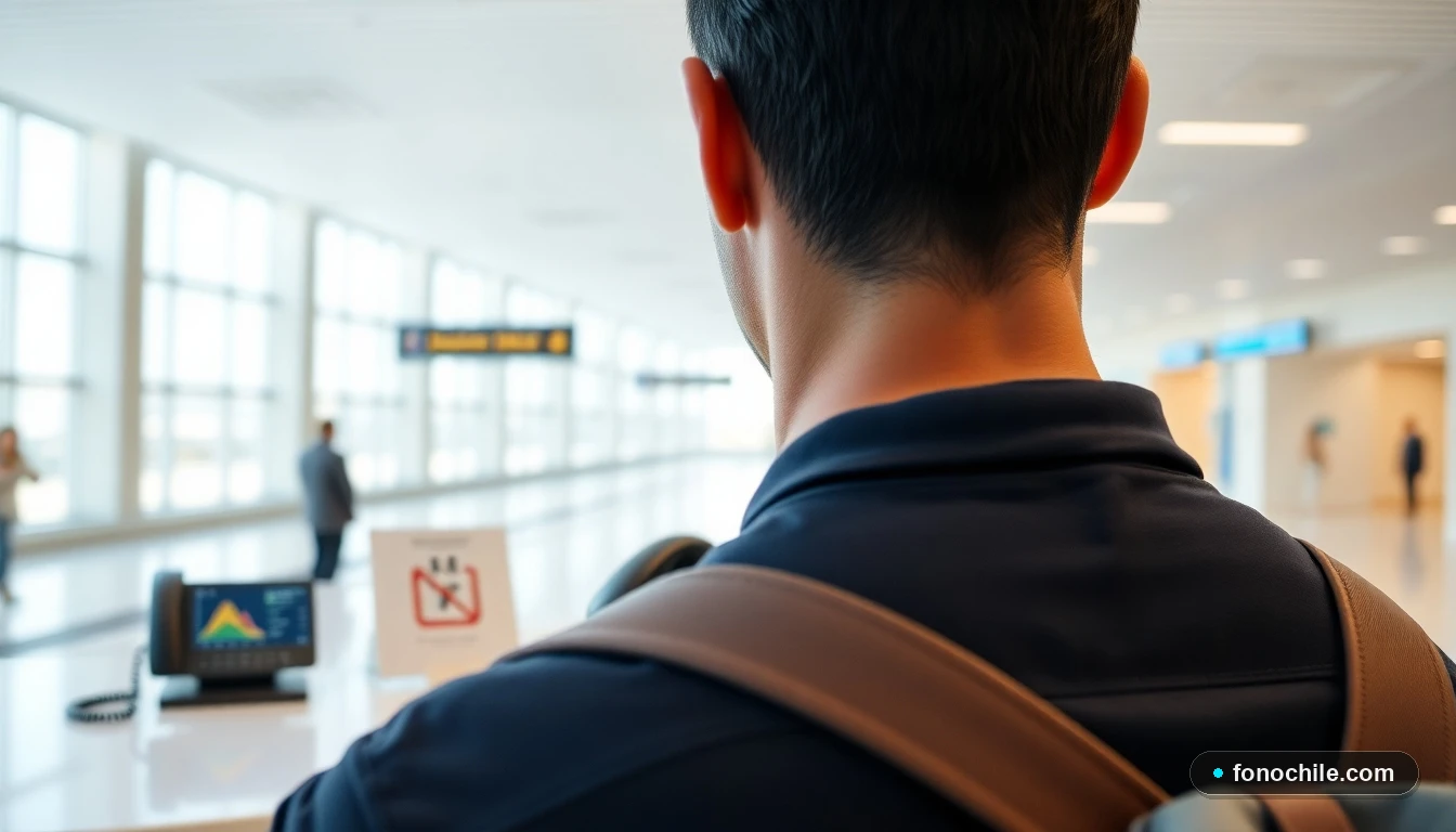 Viajero en el mostrador de información del Aeropuerto de Santiago observando el teléfono de contacto disponible.