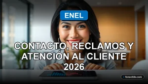 Una mujer latina sonriente, representando el servicio al cliente de Enel, con un teléfono inteligente moderno mostrando gráficos abstractos de colores, descansando sobre una mesa limpia.