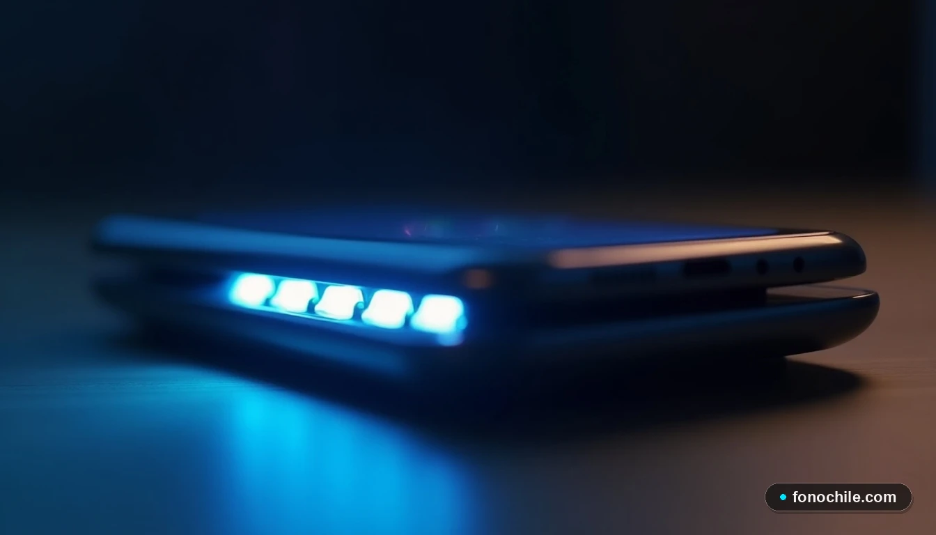 Ángulo bajo de un teléfono y un router en una mesa, con luces LED azules creando un ambiente de seguridad digital.