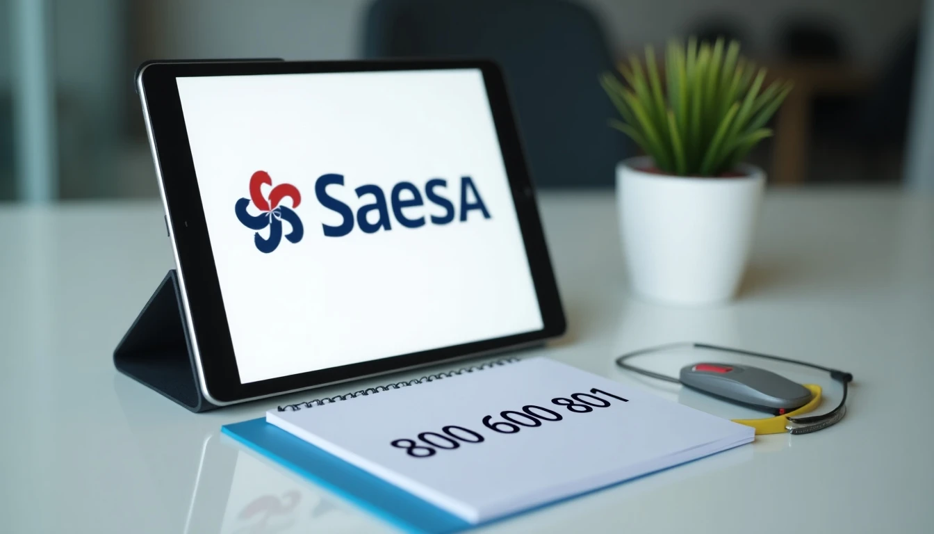 Tablet mostrando el logo de SAESA y número de teléfono 800 600 801 para atención al cliente.