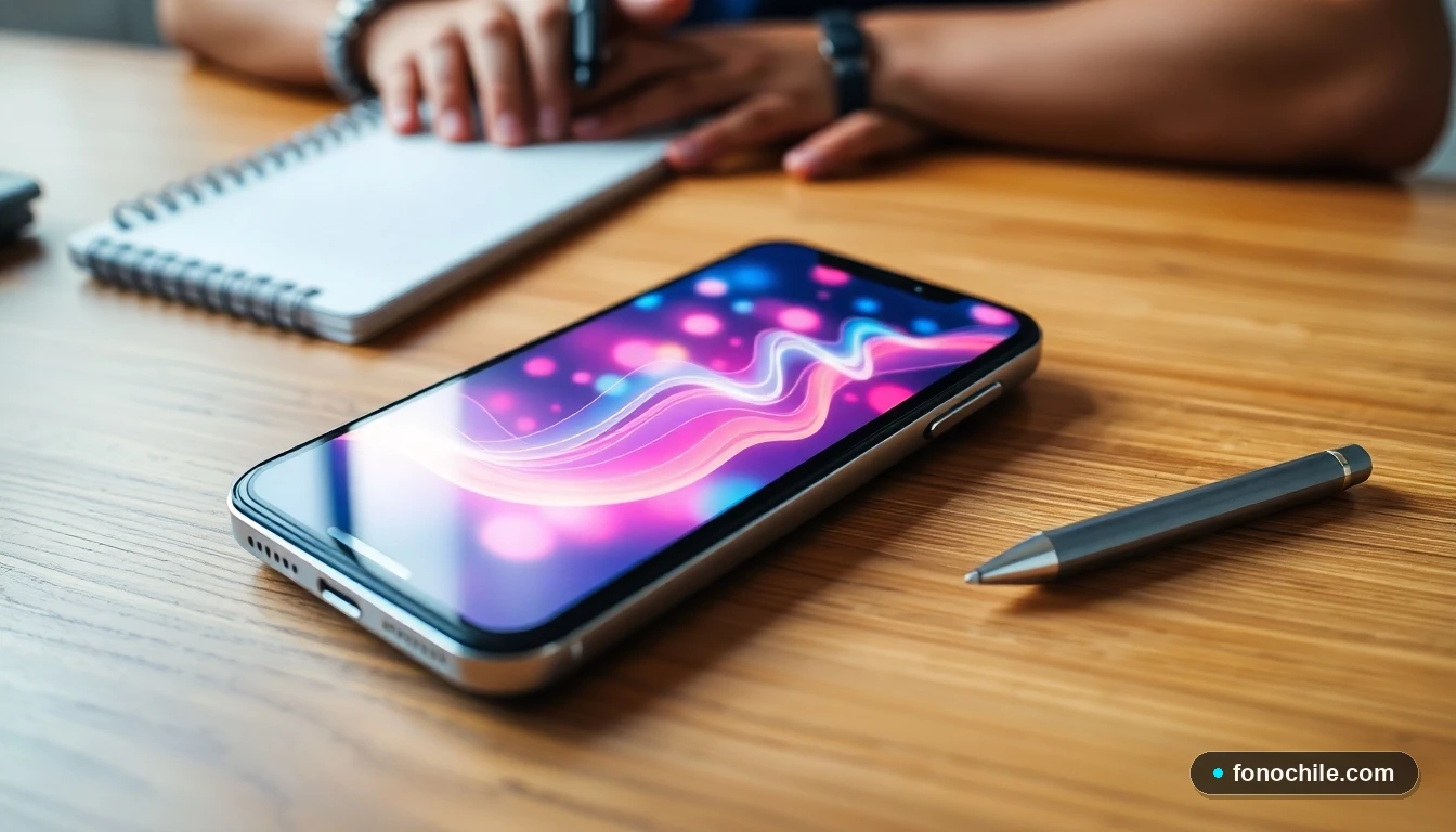 Smartphone mostrando gráficos abstractos de conectividad en un escritorio, representando la atención al cliente de telecomunicaciones.