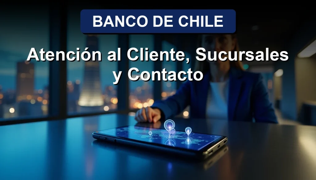 Cliente consultando información de contacto y sucursales del Banco de Chile en una pantalla digital moderna.