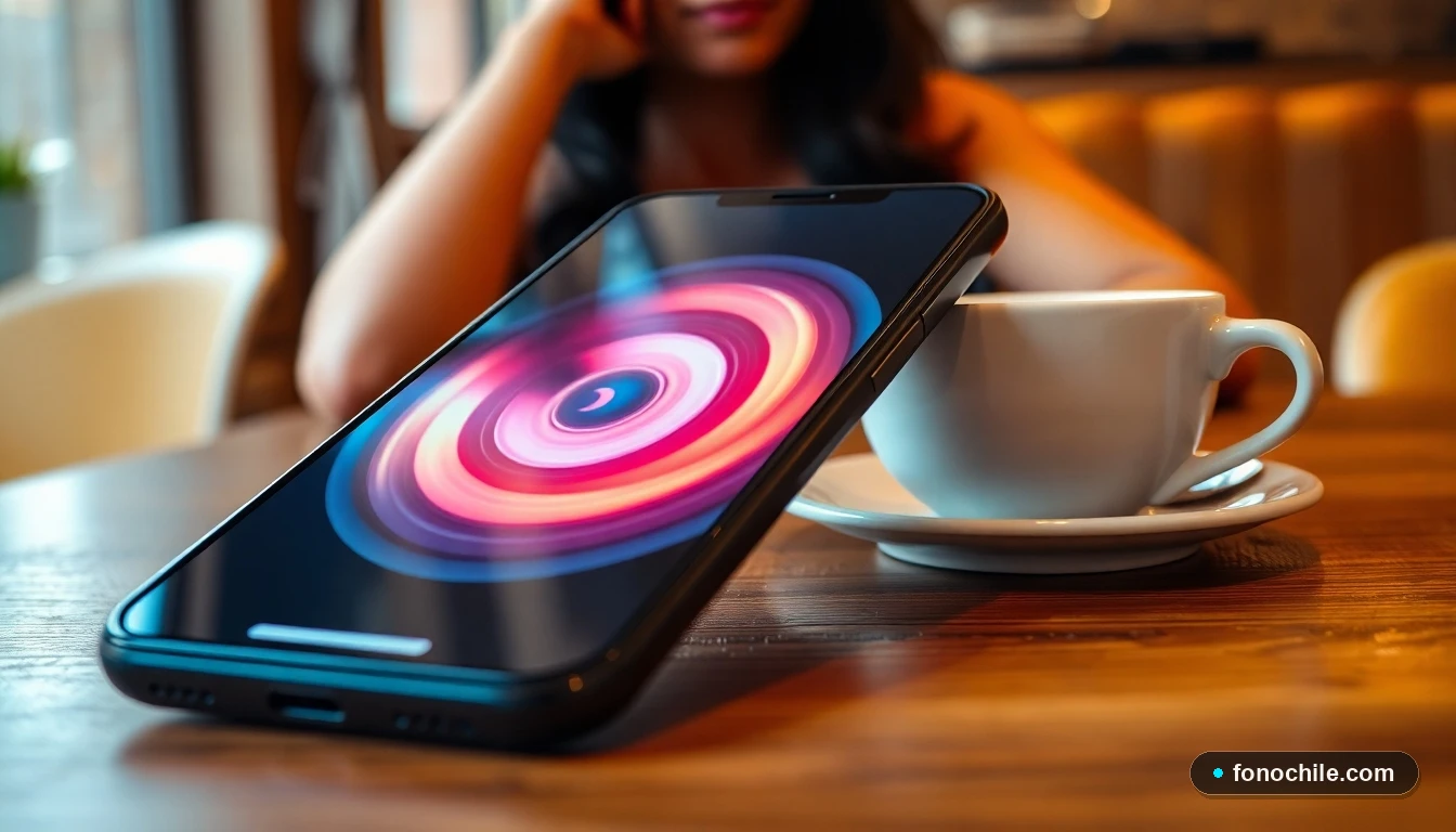 Primer plano de un teléfono inteligente mostrando conexión 5G en una mesa, con fondo de cafetería en Santiago.